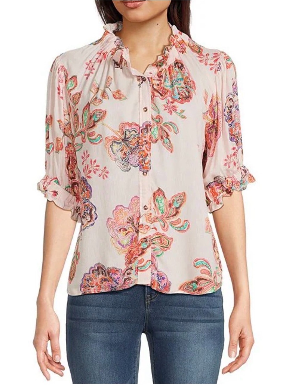 Democracy Classy Woven Floral Paisley Split V-Neck Button up top, sz PM , guc